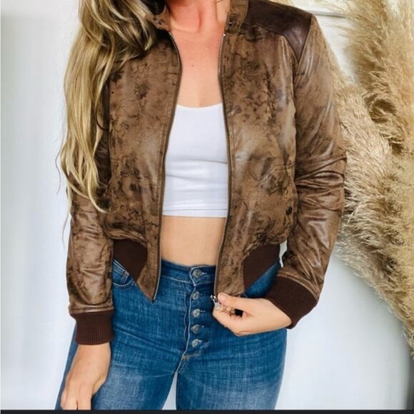 Anthropology Hei Hei Brown Faux Leather Rock Away Lined Bomber Jacket Size M